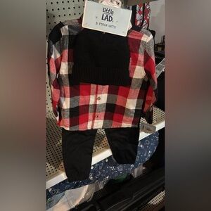 3 Piece Red and Black Plaid Kids Button Down Shirt, Pants, & Hat